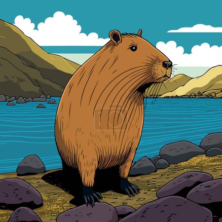Illustration for Illustration of capybara mammal animal in nature on the edge of a river with stones on the ground and sky with cloud in the background - Royalty Free Image