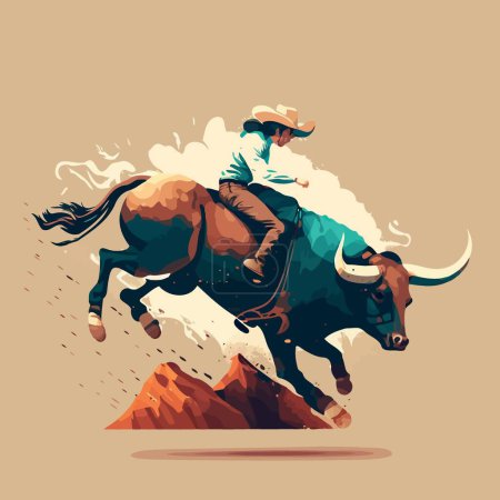 Ilustración de Bull riding with pawn in a hat mounted on a horned cow - Imagen libre de derechos
