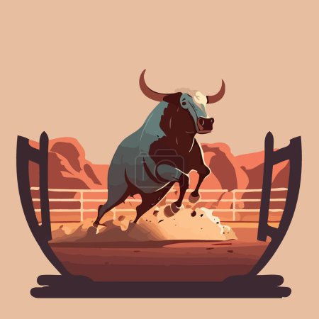 Téléchargez les illustrations : A bull jumps high in the air as it performs in a rodeo arena - en licence libre de droit