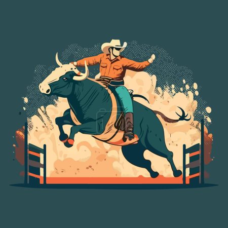 Illustration for A bull rider holds tight as he rides the bucking bull in a rodeo arena - Royalty Free Image