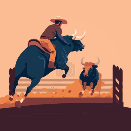 Ilustración de A bull rider holds tight as he rides the bucking bull in a rodeo arena - Imagen libre de derechos