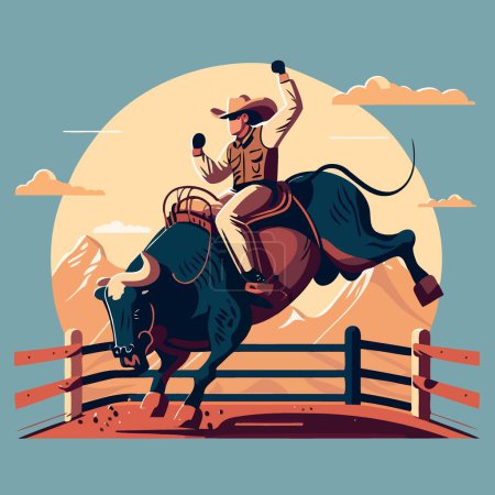 Téléchargez les illustrations : A bull rider holds tight as he rides the bucking bull in a rodeo arena - en licence libre de droit
