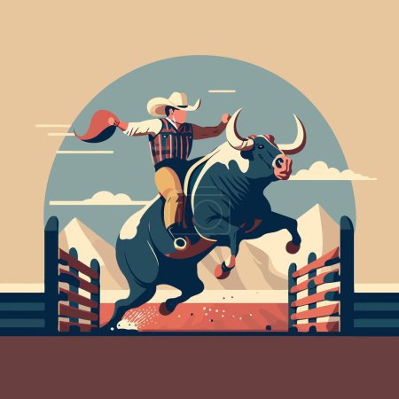 Ilustración de A bull rider holds tight as he rides the bucking bull in a rodeo arena - Imagen libre de derechos