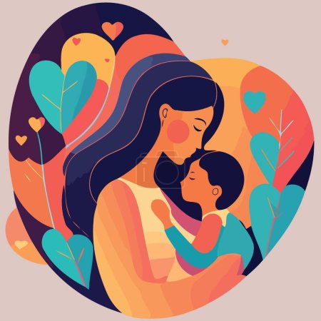 adult woman holding her baby son with love to illustrate mother day or motherhood minimalist vector illustration