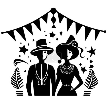 Illustration for Couple with pennants in the background brazilian cultural festivity day of sao joao festa junina minimalist vector illustration - Royalty Free Image