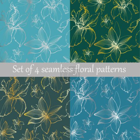 Vector Set of 4 Seamless Silver and Gold Flowers Patterns with lily and iris Stickers 620554772