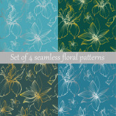 Vector Set of 4 Seamless Silver and Gold Flowers Patterns with lily and iris t-shirt #620554772