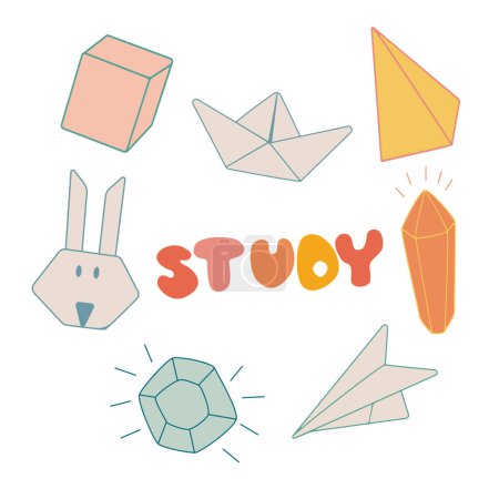 Illustration for Cute school sketches. - crystal, paper ship, paper airplane, pyramid and cube. Vector, kawaii - Royalty Free Image