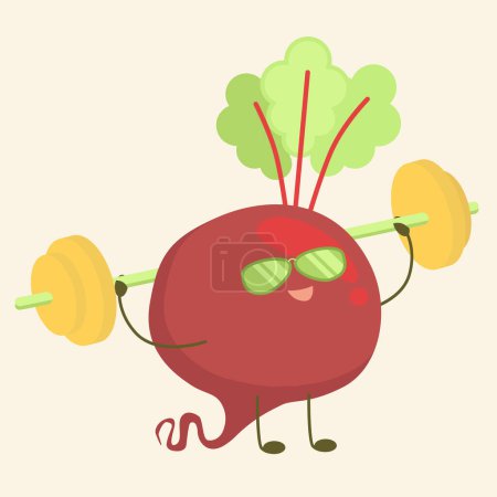 Funny beetroot  trains with barbell. Vegetable  lead an active lifestyle.
