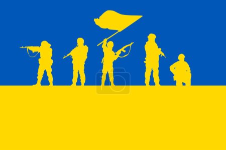 Téléchargez les illustrations : Image du drapeau ukrainien - Bleu et jaune. Avec les silhouettes de l'armée ukrainienne. Jour du drapeau ukrainien. Homme militaire ukrainien Silhouette Illustration vectorielle - en licence libre de droit