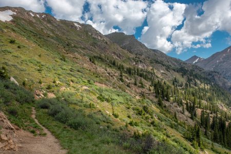 Téléchargez les photos : Un étroit sentier de randonnée escarpé serpente dans la nature sauvage du Colorado depuis la route menant au col de l'Indépendance. - en image libre de droit
