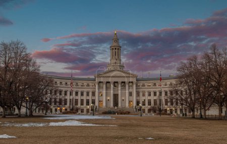 Photo for Beautiful shot of the City Courthouse in downtown Denver before the sun comes up and with some beautiful pink clouds in the sky. - Royalty Free Image