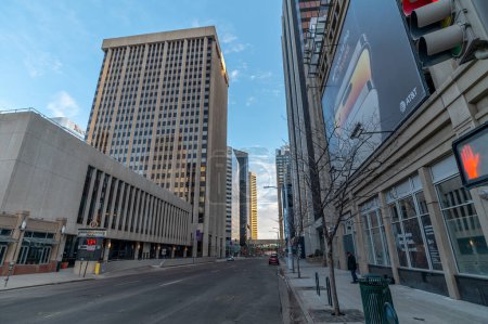 Photo for Denver, Colorado - February 12 2023: A view of a downtown Denver street still quiet on a mid-winter Sunday morning as the city slowly wakes up. - Royalty Free Image