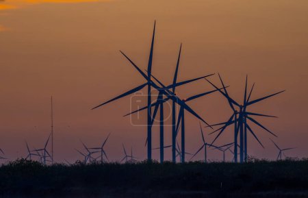Foto de Una colección de generadores de energía eólica de pie contra una puesta de sol en Texas cerca de la ciudad de Arroyo. - Imagen libre de derechos