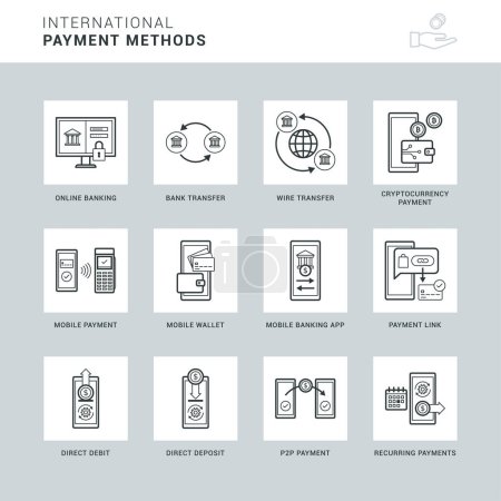 International payment methods, transactions and digital wallet icon set, one color