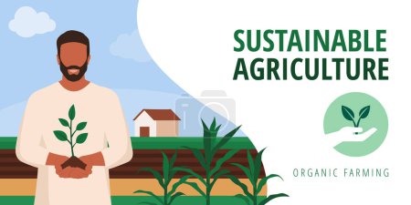 Illustration for Smiling traditional farmer holding soil and a sprouting plant, farm and fields in the background: sustainable agriculture, organic produce and ecology concept, banner with copy space - Royalty Free Image