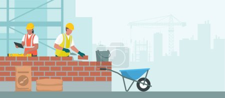 Illustration for Professional builders laying bricks and checking brickwork - Royalty Free Image