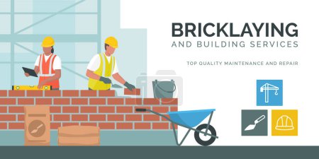 Illustration for Professional builders laying bricks and checking brickwork - Royalty Free Image
