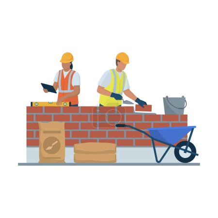 Téléchargez les illustrations : Constructeurs professionnels pose de briques et vérification de maçonnerie - en licence libre de droit
