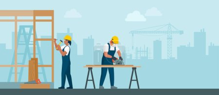 Illustration for Professional carpenters at work, they are cutting wood and building a wood frame structure - Royalty Free Image