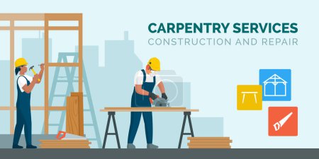 Illustration for Professional carpenters at work, they are cutting wood and building a wood frame structure - Royalty Free Image