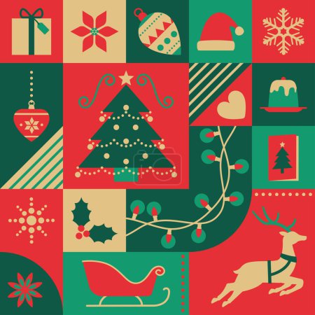 Ilustración de Fondo geométrico de Navidad con iconos festivos, patrón sin costuras - Imagen libre de derechos