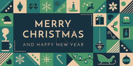 Illustration for Christmas and Happy New Year banner with festive icons and copy space - Royalty Free Image