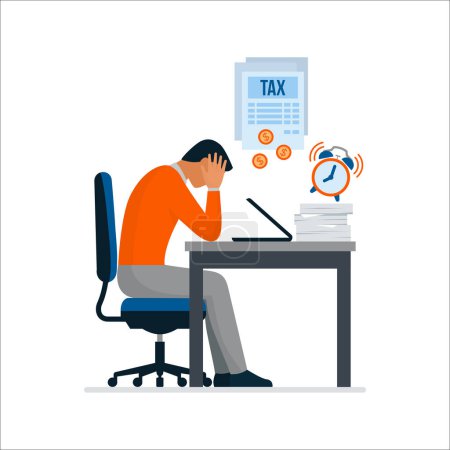 Illustration for Desperate businessman sitting at office desk with head in hands and tad day reminder, crisis and payments concept, isolated on white background - Royalty Free Image