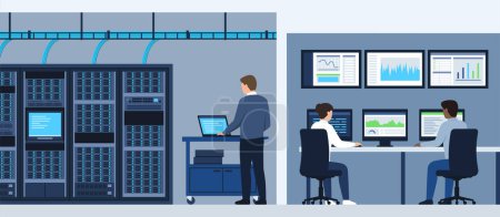 Illustration for Professional technicians working in the data center and checking servers - Royalty Free Image
