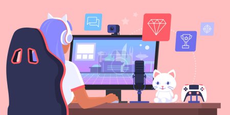 Cute gamer girl with headphones sitting at desk and playing online video games, she is live streaming