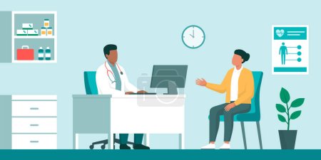 Ilustración de Reunión de médicos y pacientes en el consultorio, medicina y concepto de salud - Imagen libre de derechos