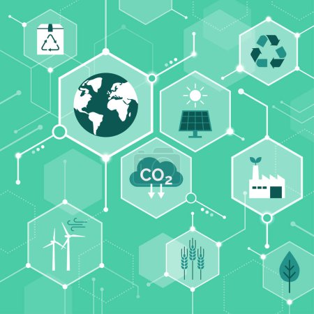 Illustration for Ecology, sustainability and environmental care, conceptual abstract background with icons in a network - Royalty Free Image