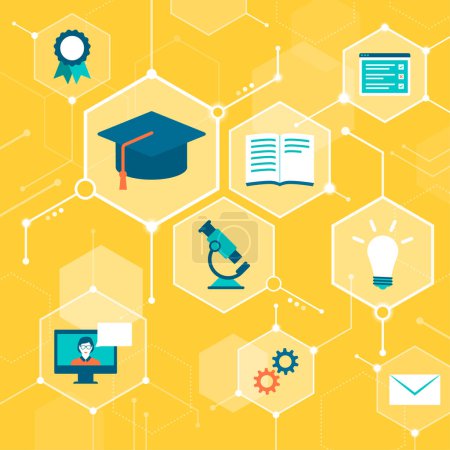 Illustration for E-learning platform, digital education and online courses, abstract background with icons in a network - Royalty Free Image