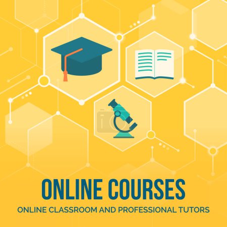 Illustration for E-learning platform, digital education and online courses, abstract background with icons in a network, copy space - Royalty Free Image