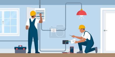 Téléchargez les illustrations : Electriciens professionnels au travail, ils vérifient la boîte à électricité et installent une prise - en licence libre de droit