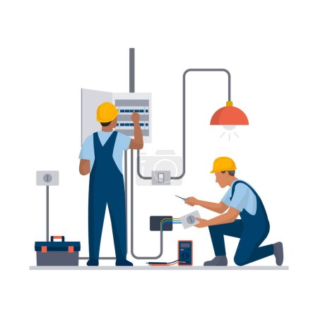 Illustration for Professional electricians at work, they are checking the electricity box and installing a socket - Royalty Free Image