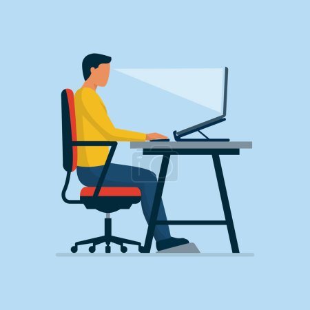 Téléchargez les illustrations : Espace de travail ergonomique et bonne posture assise au bureau, homme assis correctement au bureau et travaillant avec un ordinateur portable - en licence libre de droit