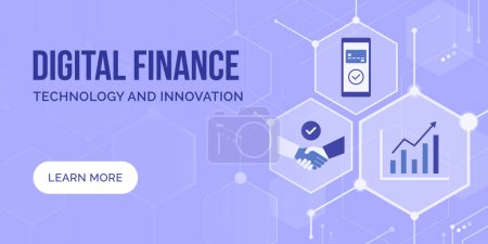Illustration for Digital finance and online banking, abstract banner with icons and copy space - Royalty Free Image