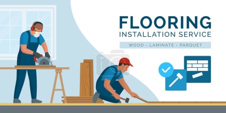Illustration for Professional contractors installing a floor, they are cutting and laying the boards - Royalty Free Image
