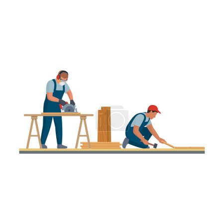 Ilustración de Contratistas profesionales instalando un piso, están cortando y colocando las tablas - Imagen libre de derechos