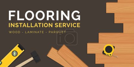 Illustration for Hardwood flooring professional installation service banner with tools and copy space - Royalty Free Image