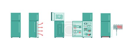Kühlschrank Wartung und Lebensmittelaufbewahrung Symbol-Set, isoliert auf weißem Hintergrund