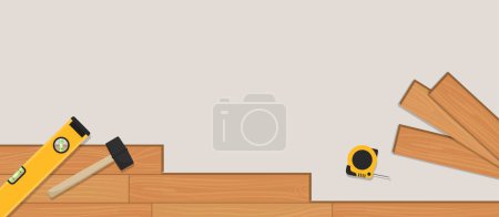 Téléchargez les illustrations : Plancher de bois franc bannière de service d'installation professionnelle avec outils et espace de copie - en licence libre de droit