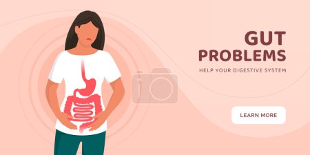 Illustration for Sad painful woman with inflammatory bowel disease: gut problems and constipation banner - Royalty Free Image
