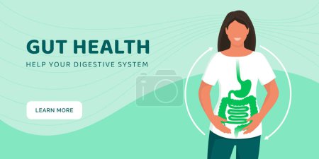 Happy woman with healthy clean gut, detox and digestive health banner