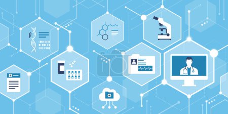 Illustration for Digital health, online doctor and innovative medical services conceptual abstract background with icons in a network - Royalty Free Image