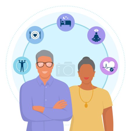 Illustration for Healthy aging icons and couple of happy seniors, healthcare and prevention concept - Royalty Free Image