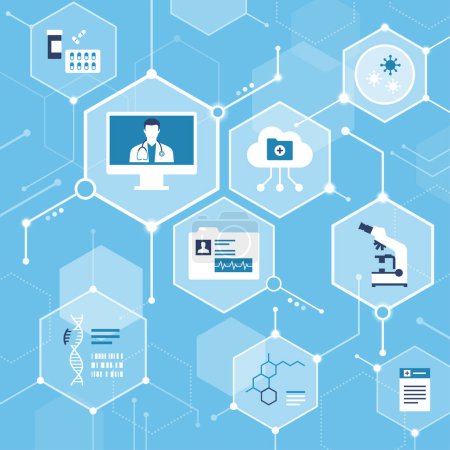 Illustration for Digital health, online doctor and innovative medical services, conceptual abstract background with icons in a network - Royalty Free Image