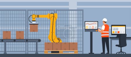 Téléchargez les illustrations : Industrie intelligente : ingénieur surveillant et contrôlant un bras robotique à l'aide d'un dispositif à écran tactile, d'un IHM et d'un concept d'automatisation - en licence libre de droit