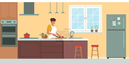 Ilustración de Mujer feliz cocina en la cocina, interior de la habitación doméstica - Imagen libre de derechos